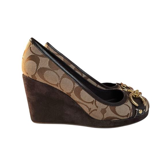 COACH Womens Size 7M Signature Brown Monogram Issy Wedge Platform Heel Shoes - Picture 1 of 11